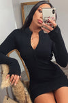 Black Ribbed Zip Front High Neck Mini Dress
