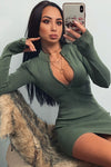 Black Ribbed Zip Front High Neck Mini Dress