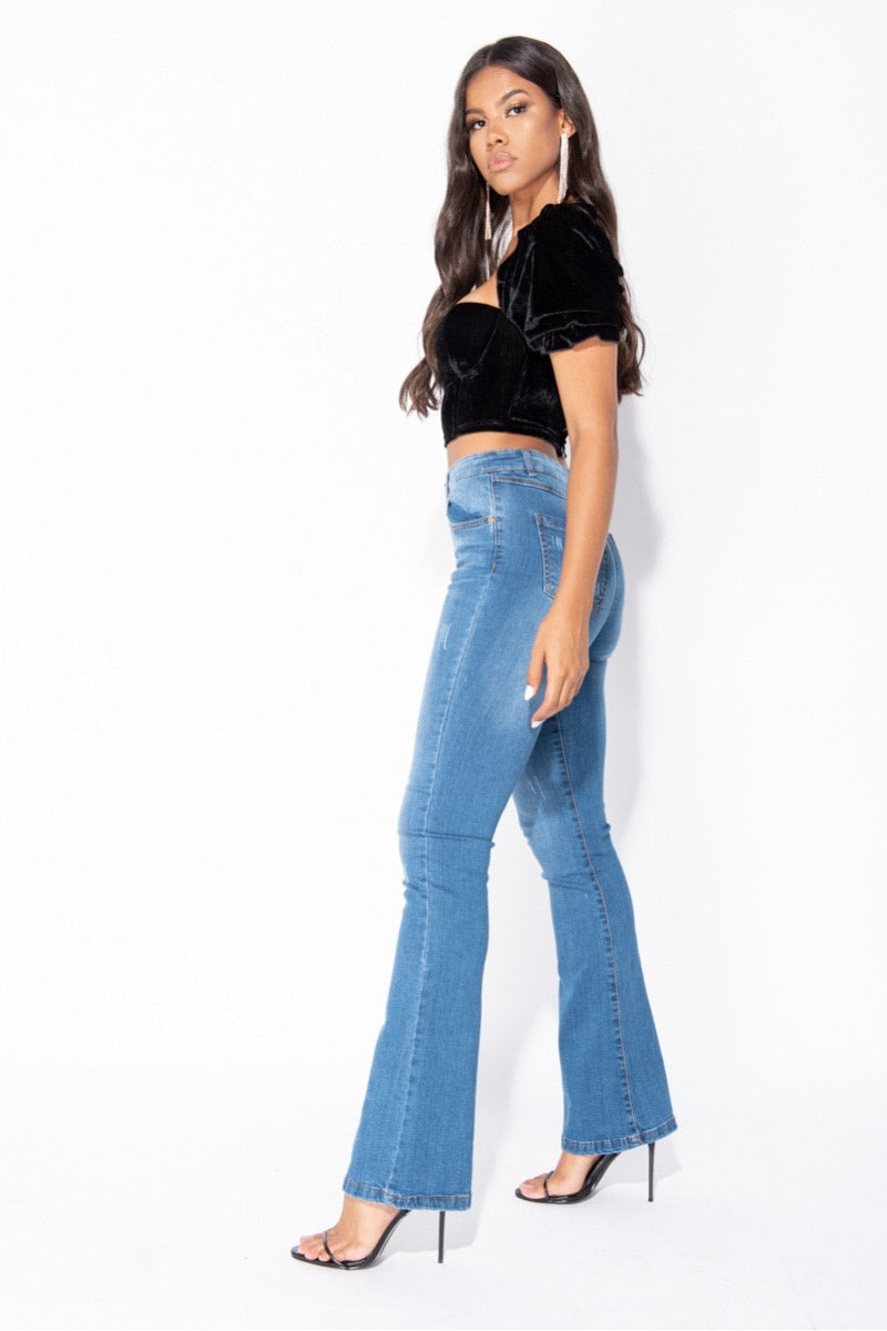 Dark Blue Wash Flared Hem Skinny Jeans