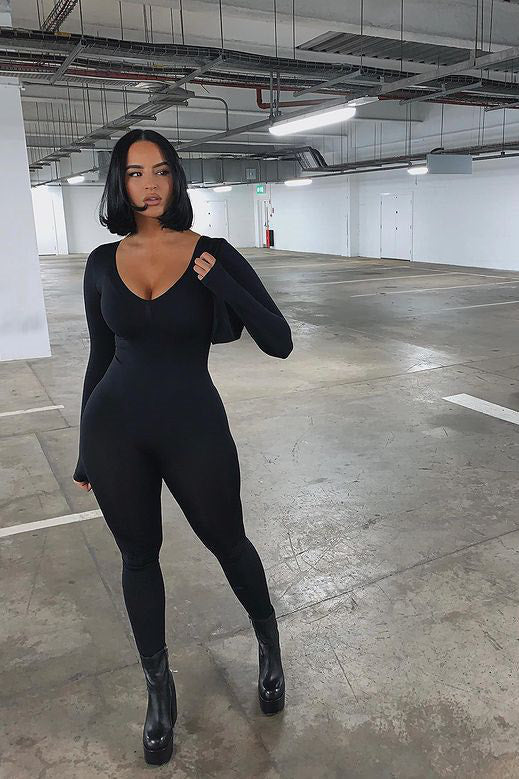 Black Seamless Plunge Long Sleeve Jumpsuit