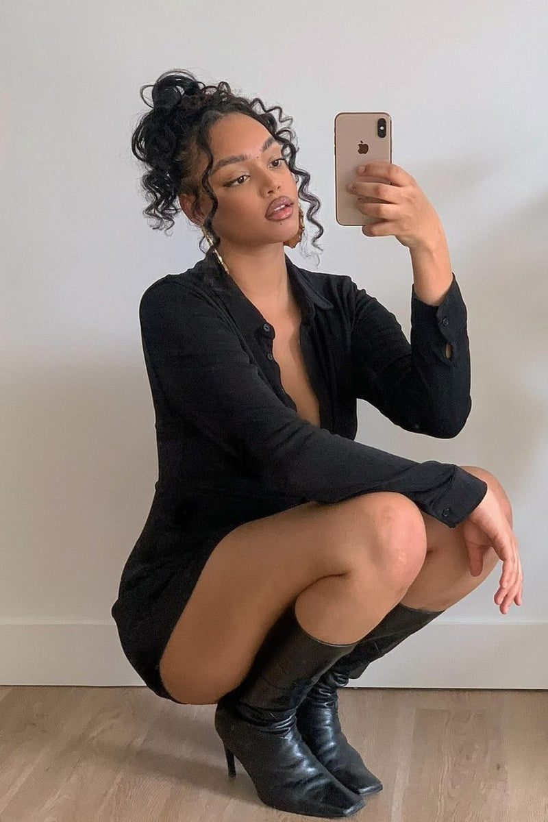 Black Ruched Slinky Button Down Shirt Dress