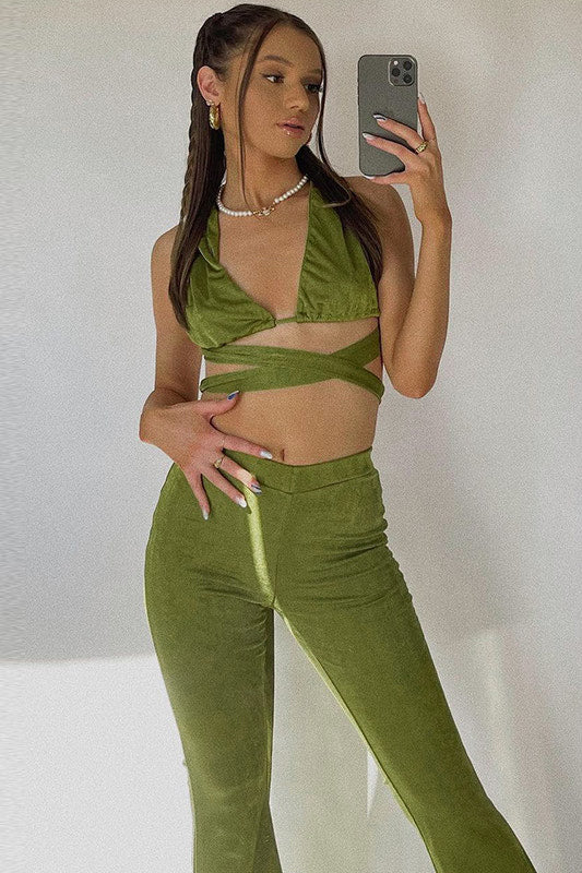 Olive Slinky Cross Wrap Halter Top & Trousers