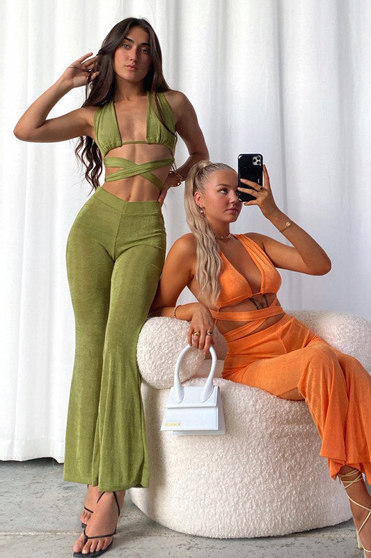 Olive Slinky Cross Wrap Halter Top & Trousers