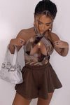 Beige Abstract Print Cross Over Underbust Halterneck Top