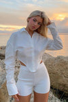 White Cropped Puff Sleeve Oversized Shirt