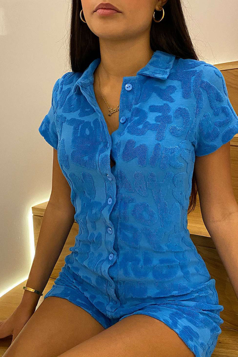 Blue Embossed Towelling Playsuit