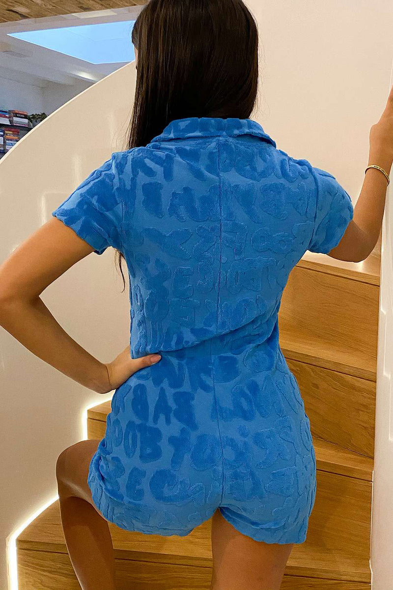 Blue Embossed Towelling Playsuit