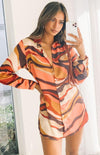 Pink Retro Wavy Long Sleeve Shirt Dress