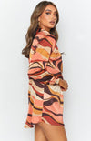 Pink Retro Wavy Long Sleeve Shirt Dress