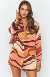 Pink Retro Wavy Long Sleeve Shirt Dress