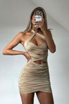 Beige Ruched Cross Strap Halterneck Mini Dress