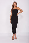 Black Slinky Ruched Cami Strap Midi Dress