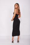 Black Slinky Ruched Cami Strap Midi Dress
