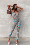 Blue Marble Print Cowl Neck Crop Top & Split Leggings