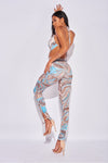 Blue Marble Print Cowl Neck Crop Top & Split Leggings