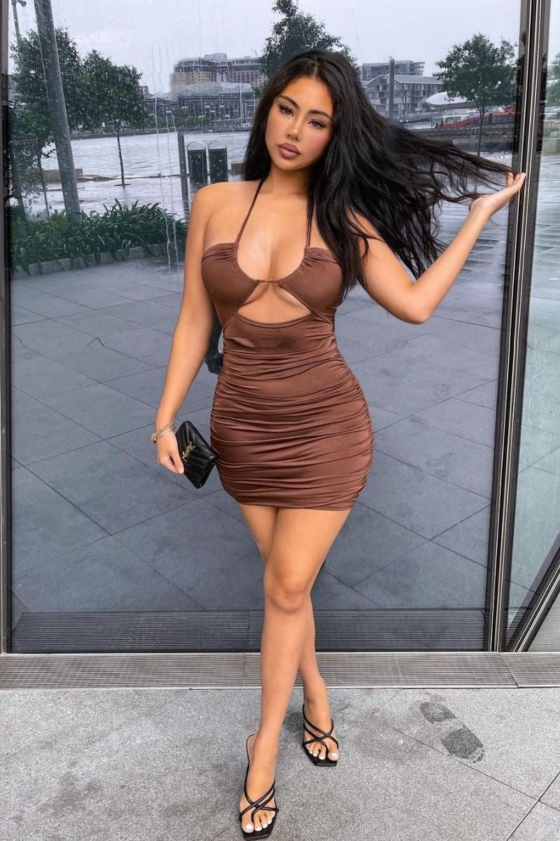Brown Slinky Cross Strap Ruched Detail Mini Dress