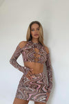 Brown Retro Swirl Print Crop Top & Skirt Co-Ord