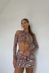 Brown Retro Swirl Print Crop Top & Skirt Co-Ord