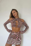 Brown Retro Swirl Print Crop Top & Skirt Co-Ord