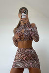 Brown Retro Swirl Print Crop Top & Skirt Co-Ord