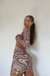 Brown Retro Swirl Print Crop Top & Skirt Co-Ord