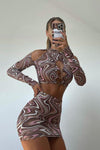 Brown Retro Swirl Print Crop Top & Skirt Co-Ord