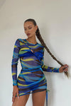 Blue Psychedelic Print Button Detail Mesh Mini Dress