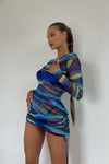 Blue Psychedelic Print Button Detail Mesh Mini Dress