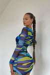 Blue Psychedelic Print Button Detail Mesh Mini Dress