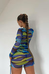 Blue Psychedelic Print Button Detail Mesh Mini Dress