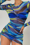 Blue Psychedelic Print Button Detail Mesh Mini Dress