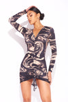 Black Marble Print Ruched Front Bodycon Mini Dress