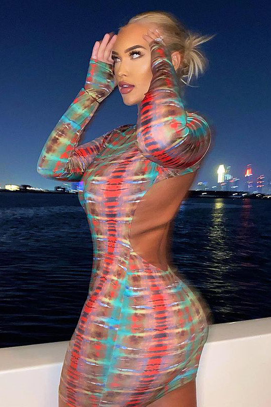 Multi Abstract Print High Neck Open Back Mini Dress
