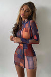 Multi Abstract Print Stitch Detail Long Sleeve Mini Dress
