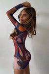 Multi Abstract Print Stitch Detail Long Sleeve Mini Dress