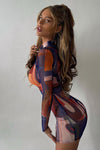 Multi Abstract Print Stitch Detail Long Sleeve Mini Dress