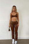 Brown Vegan Faux Leather Contrast Stitch Trousers