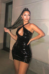 Black Vinyl Cross Strap Halterneck Mini Dress