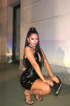 Black Vinyl Cross Strap Halterneck Mini Dress