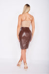 Brown Faux Leather Split Front Detail Midi Skirt