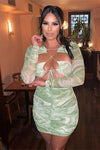Green Marble Print Sheer Mesh Cut Out Mini Dress