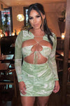 Green Marble Print Sheer Mesh Cut Out Mini Dress