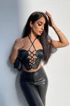 Black Faux Leather Lace Front Corset Crop Top