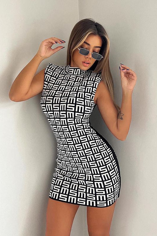 Black Monogram Geometric Print High Neck Mini Dress