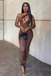 Brown Snake Print One Shoulder Cut Out Jumpsuit