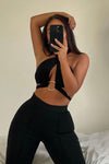 Black Ring Detail Multi Way Cross Over Halter Top