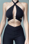 Black Ring Detail Multi Way Cross Over Halter Top