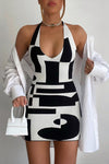 Black Contrast Print Knit Halterneck Backless Mini Dress
