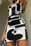 Black Contrast Print Knit Halterneck Backless Mini Dress