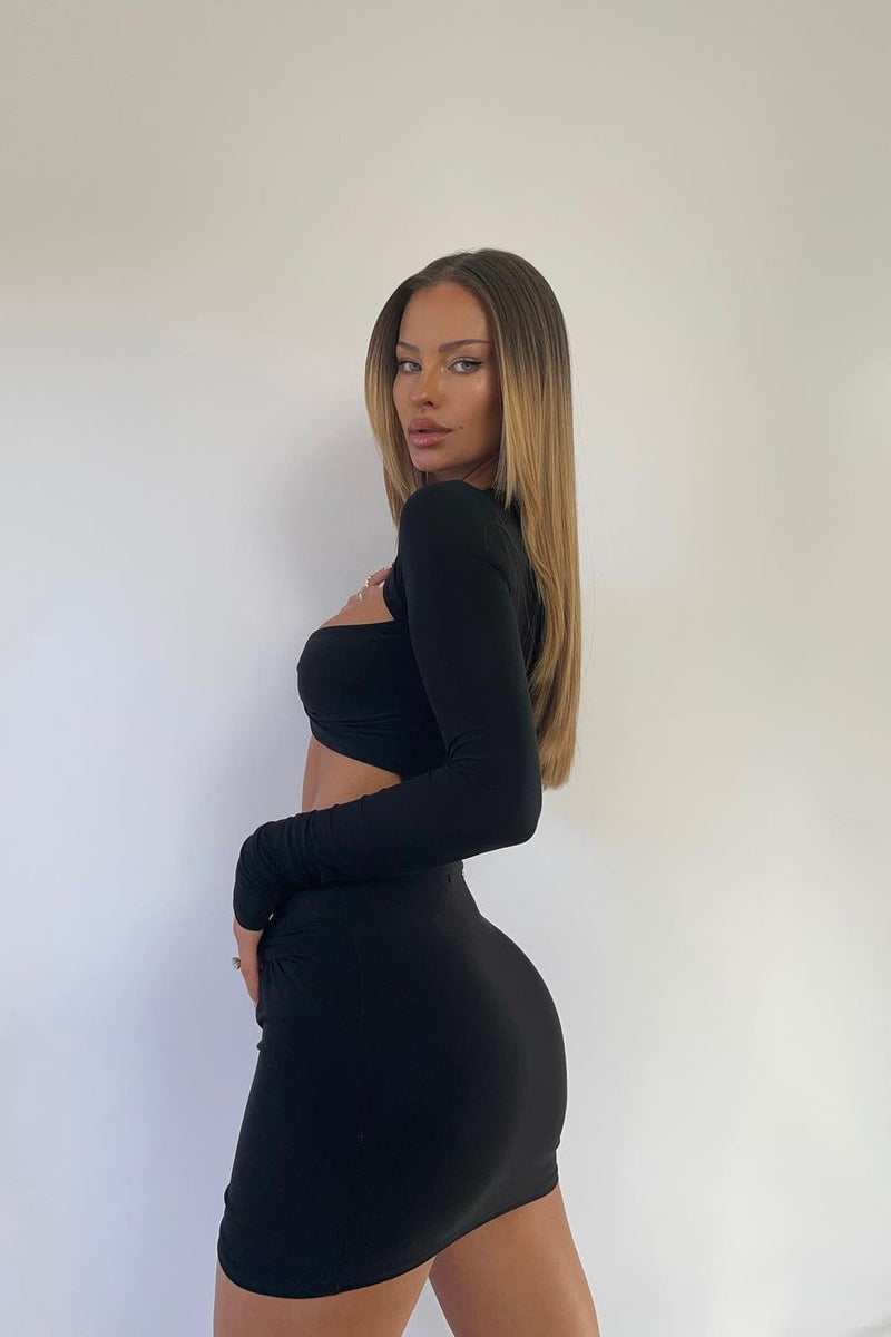 Black Slinky Twist Detail Keyhole Crop Top & Mini Skirt